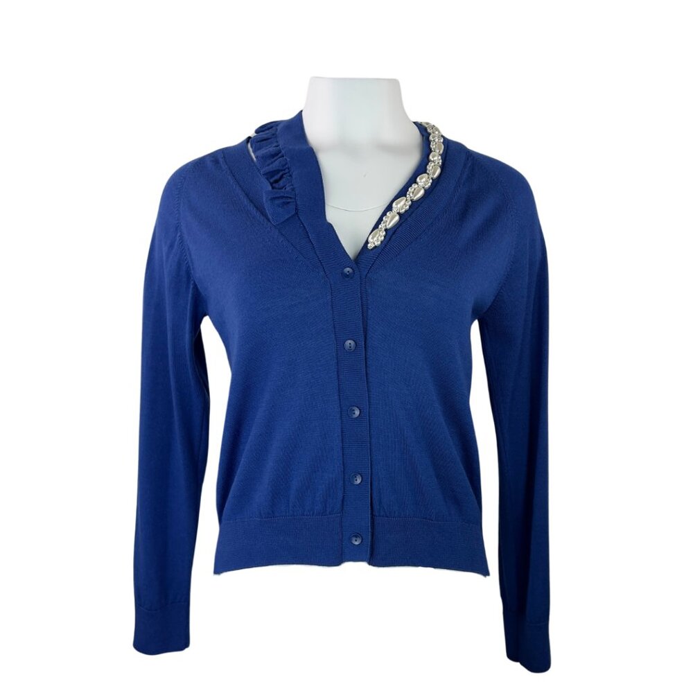 Simone Rocha Blue Asymmetrical Cardigan with Pearls